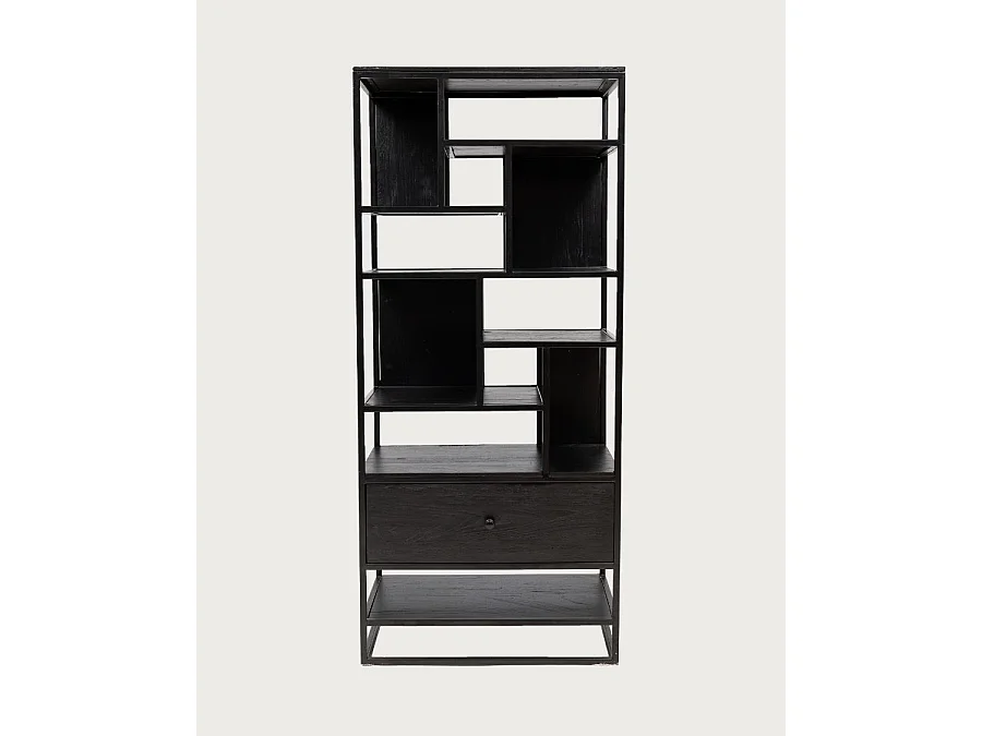 Como - Grande étagère industrielle en teck massif et métal noir