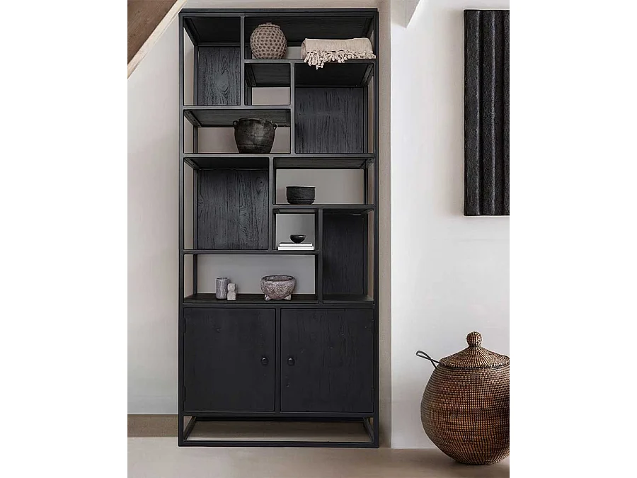 Como - Grande étagère industrielle en teck massif et métal noir