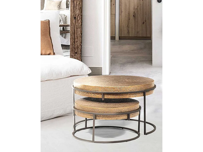 Marrakech - Table basse ronde gigogne en métal doré