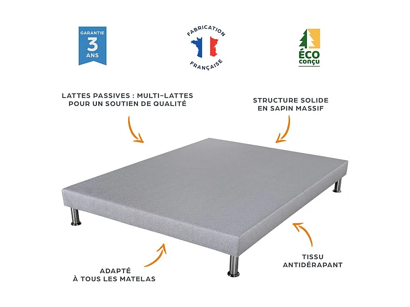 Sommier déco SR9 + pieds - Gris clair 2x90x190 - Lattes bois massif - H.13 cm