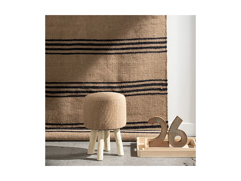 Tabouret rembourré en bois avec tissu de jute 35x35x47cm