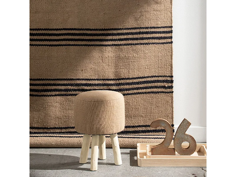 Tabouret rembourré en bois avec tissu de jute 35x35x47cm