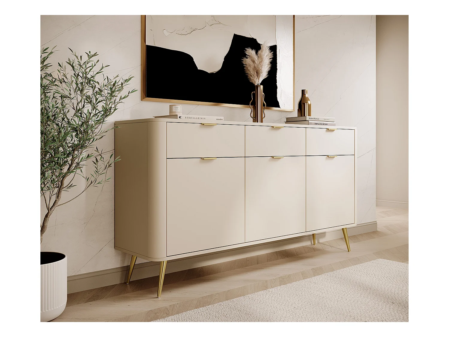 Commode à trois portes avec tiroirs - 163,5 cm - beige - OVAL