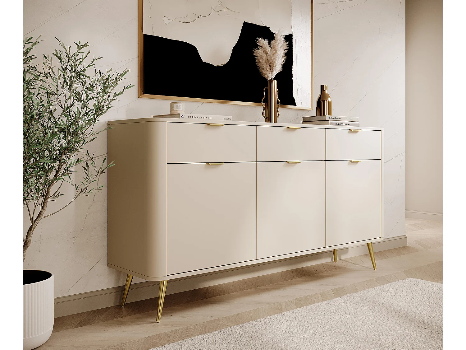 Commode à trois portes avec tiroirs - 163,5 cm - beige - OVAL