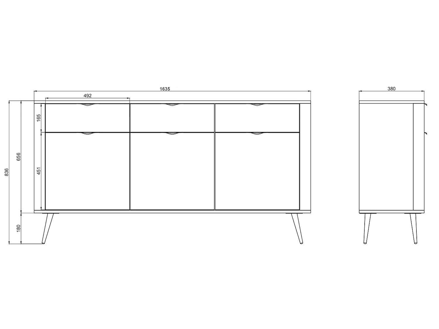Sideboard Kombikommode mit drei Schubladen - 163,5 cm - Weiß - OVAL