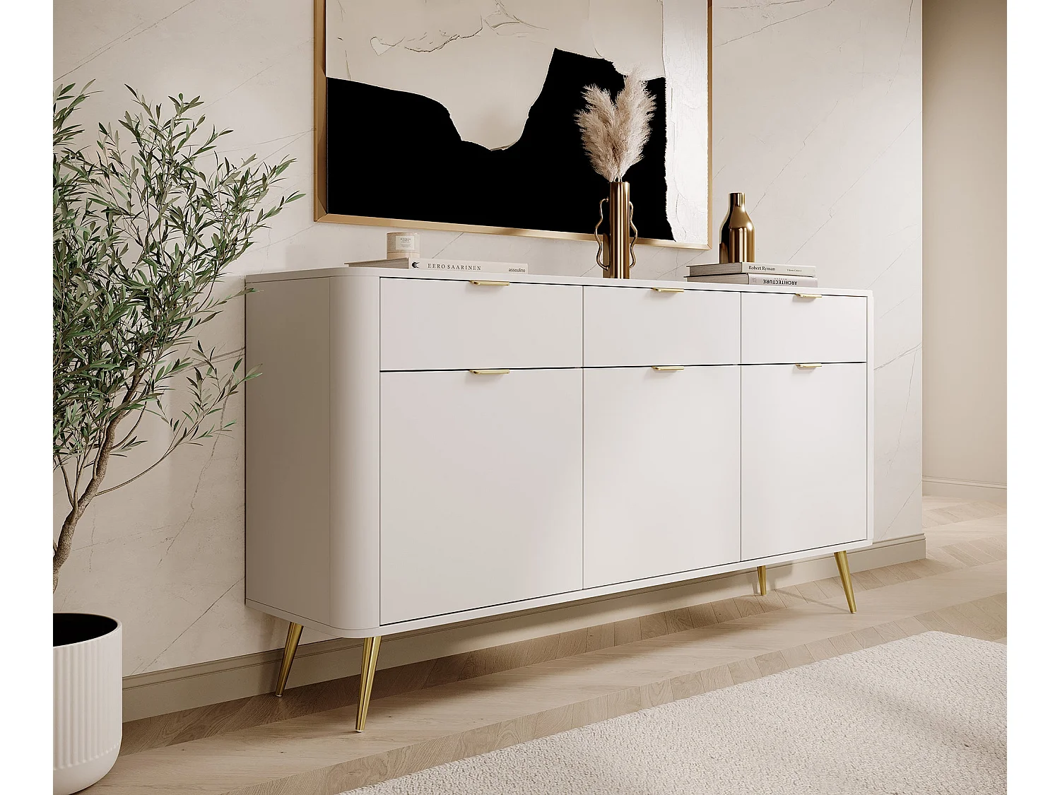 Commode à trois portes avec tiroirs - 163,5 cm - blanc - OVAL