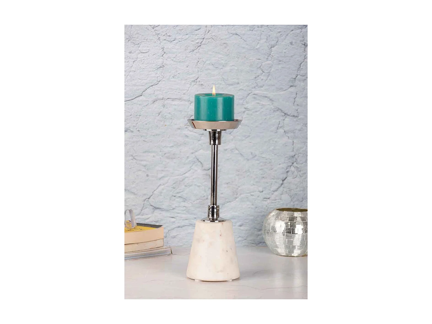 Bougeoir Design en Marbre "Fayya" 30cm Blanc & Argent