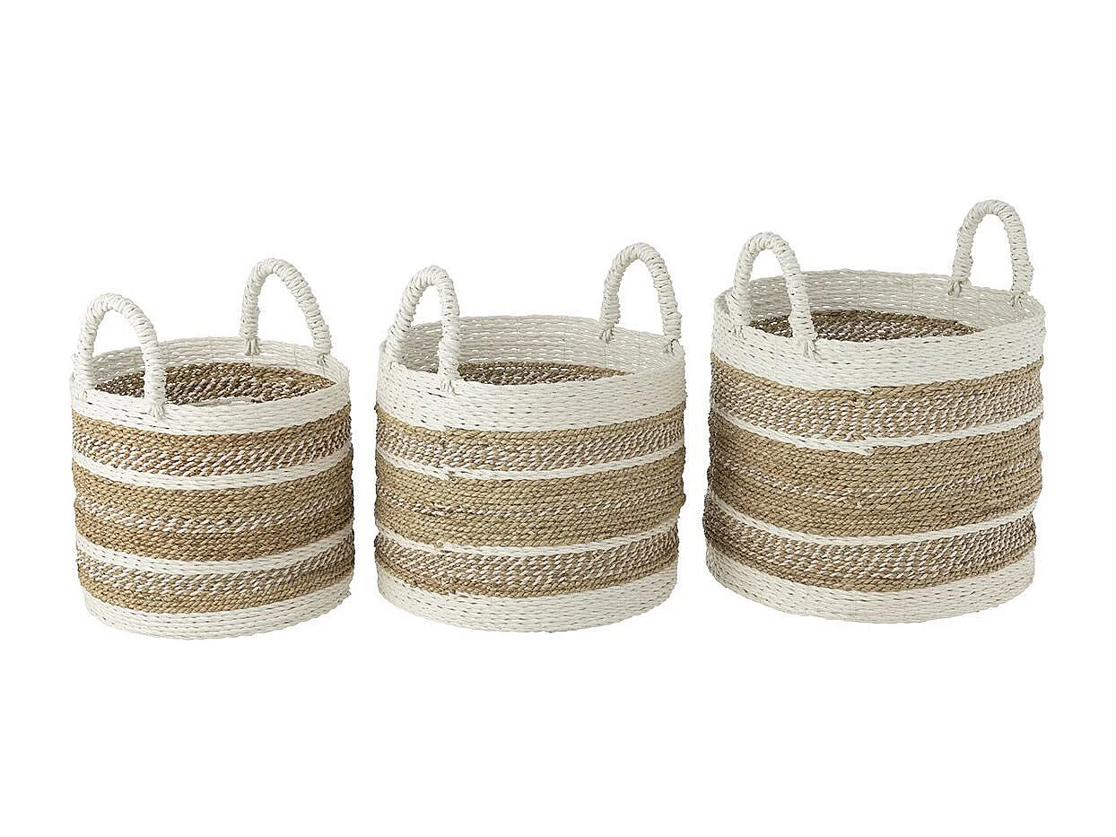 Lot de 3 Paniers de Rangement "Caro" 45cm Naturel & Blanc