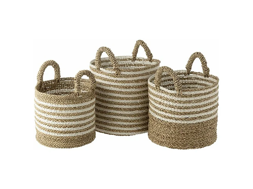 Lot de 3 Paniers de Rangement "Rayés" 45cm Naturel & Blanc