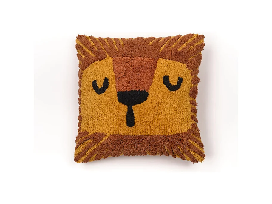 Kussen met kindervulling dierenmotief, getufte katoenen stof. M/Leon 40x40cm