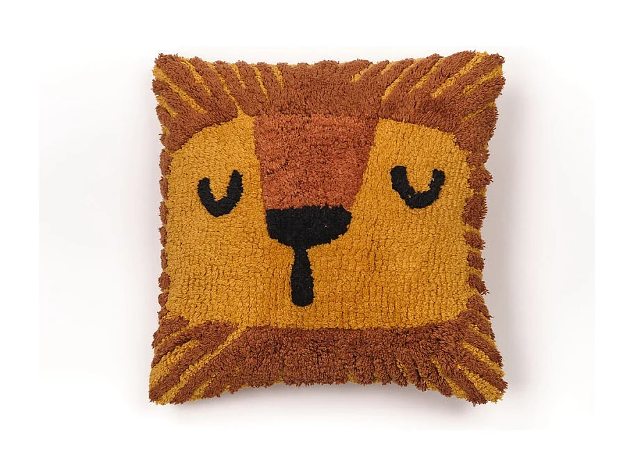 Kussen met kindervulling dierenmotief, getufte katoenen stof. M/Leon 40x40cm