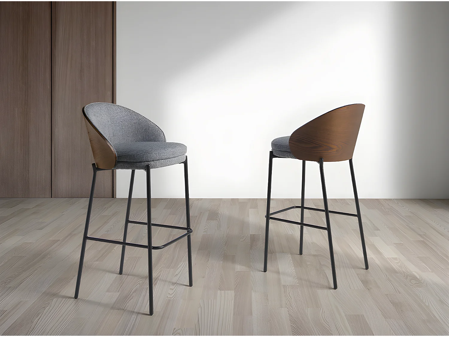 Tabouret en tissu gris et noyer 4127 ANGEL CERDA