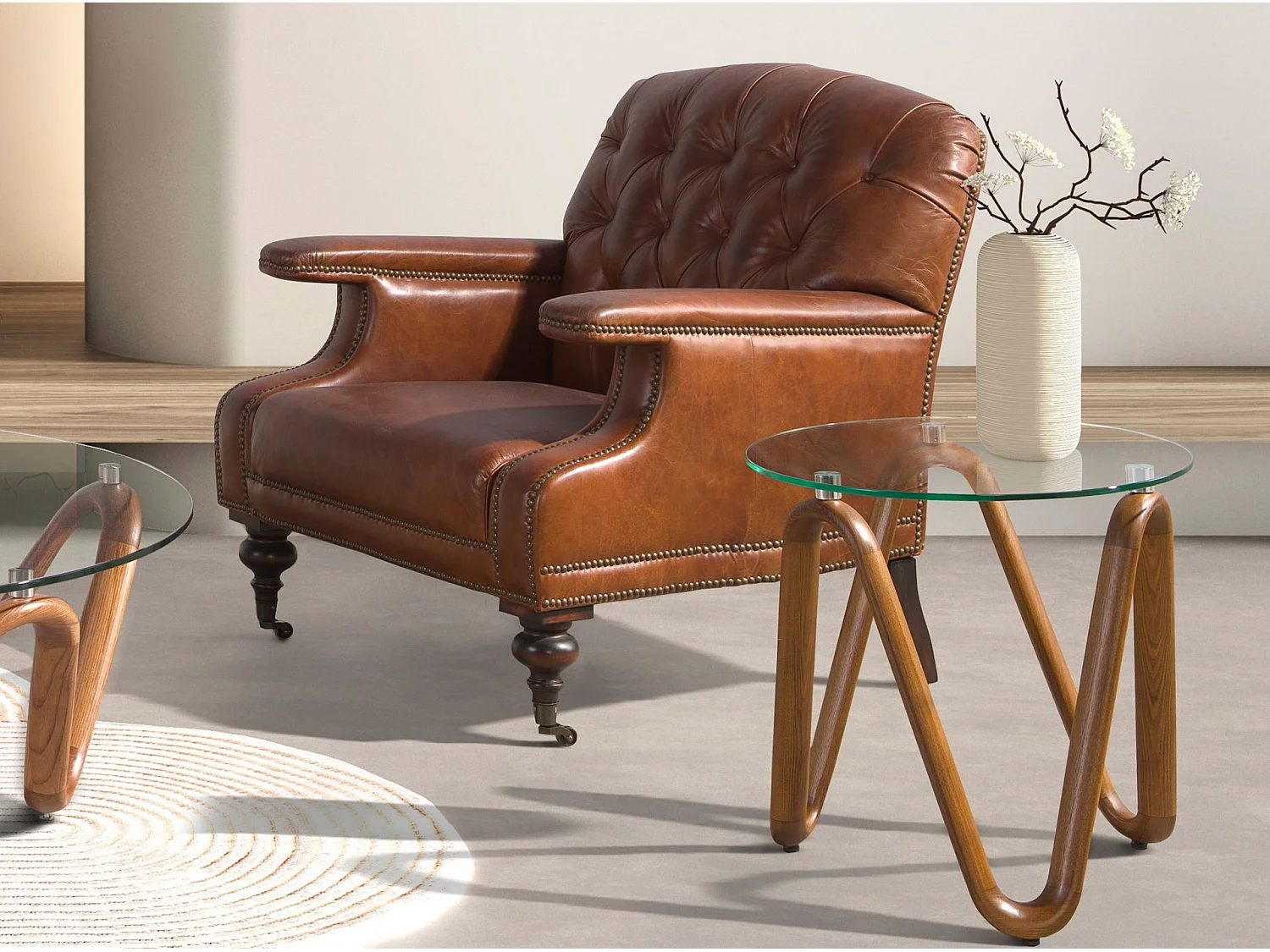 Table d'angle ronde en verre trempé et noyer 2125 ANGEL CERDA