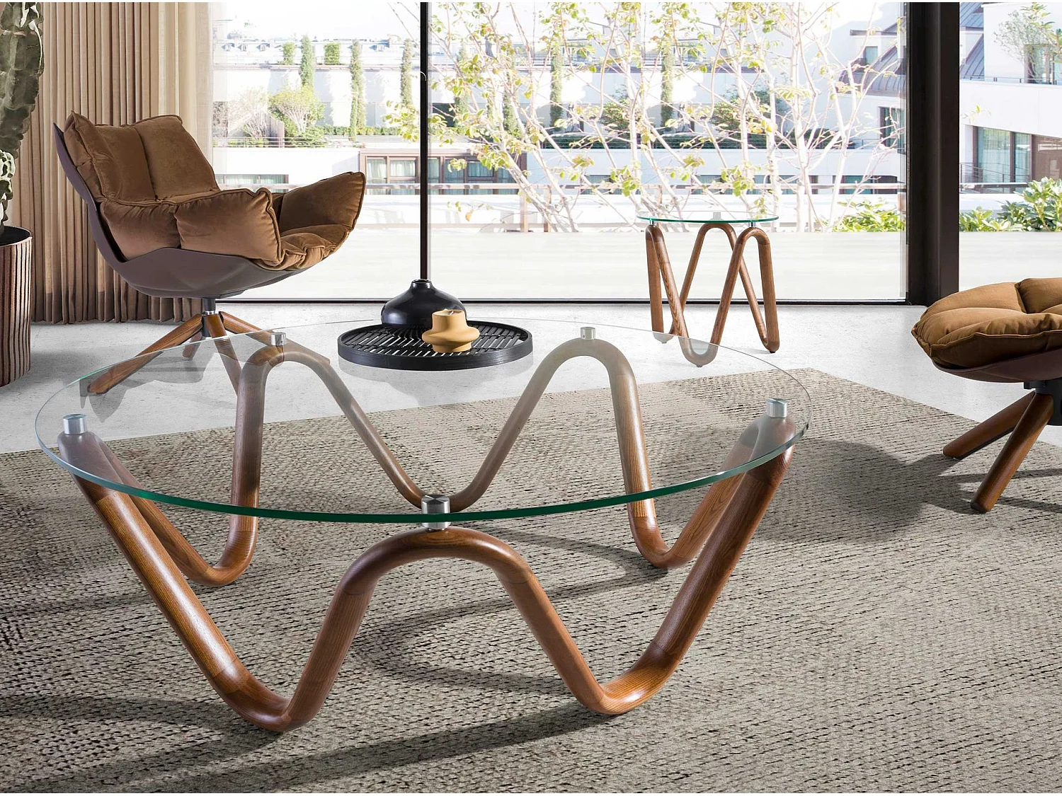 Table d'angle ronde en verre trempé et noyer 2125 ANGEL CERDA