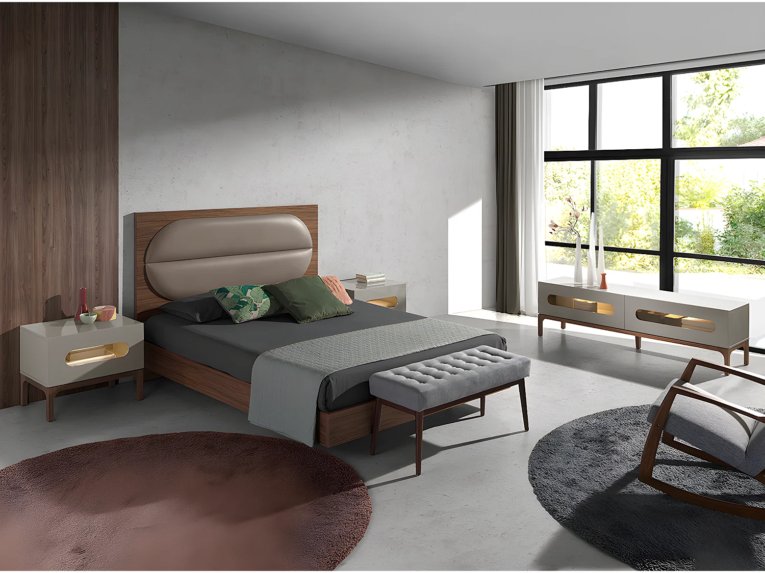 Stolik nocny z drewna orzechowego i szarego z oświetleniem wewnętrznym