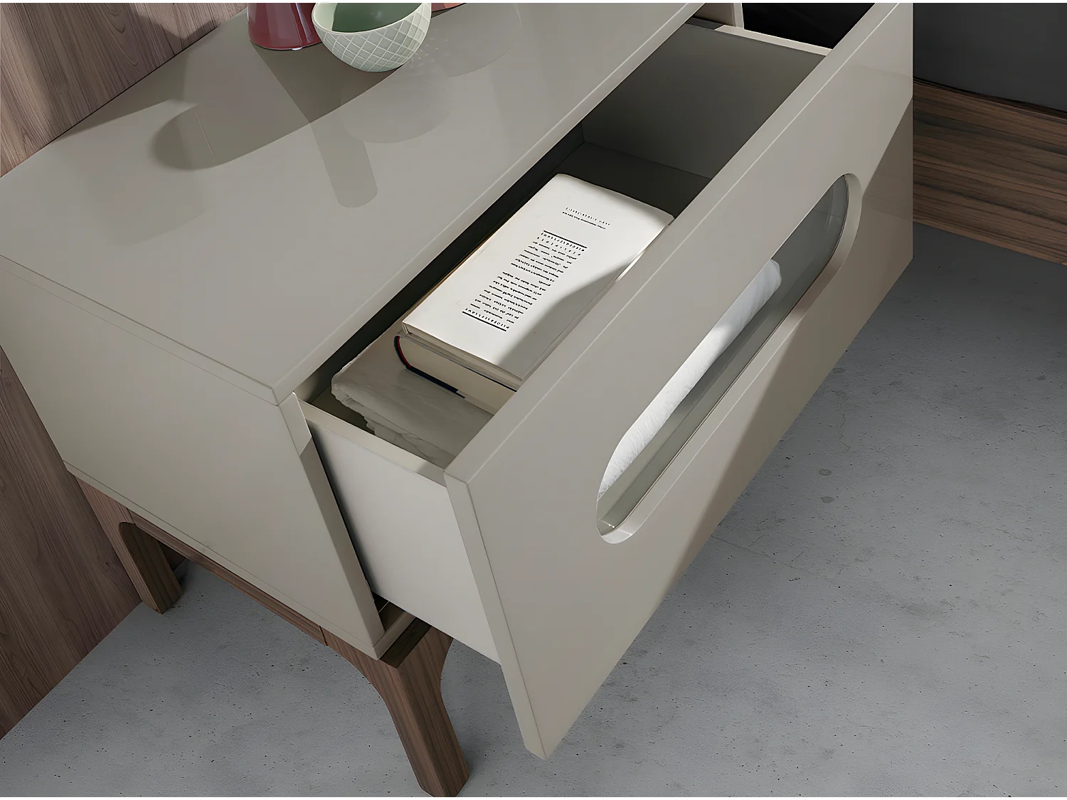 Stolik nocny z drewna orzechowego i szarego z oświetleniem wewnętrznym