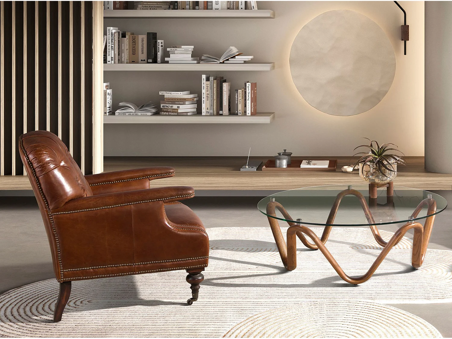 Ronde salontafel van gehard glas en walnoot 2124 ANGEL CERDA