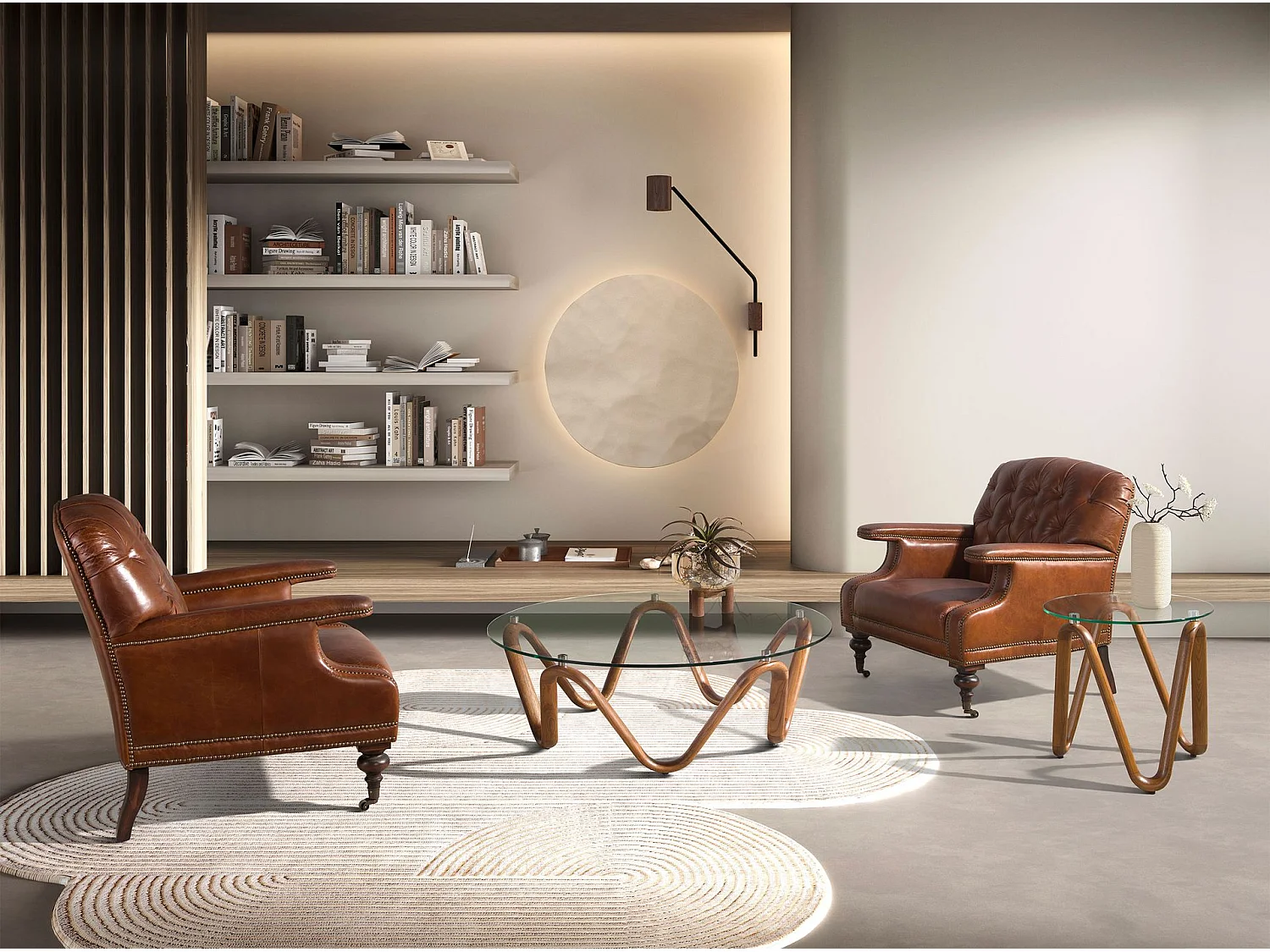 Ronde salontafel van gehard glas en walnoot 2124 ANGEL CERDA