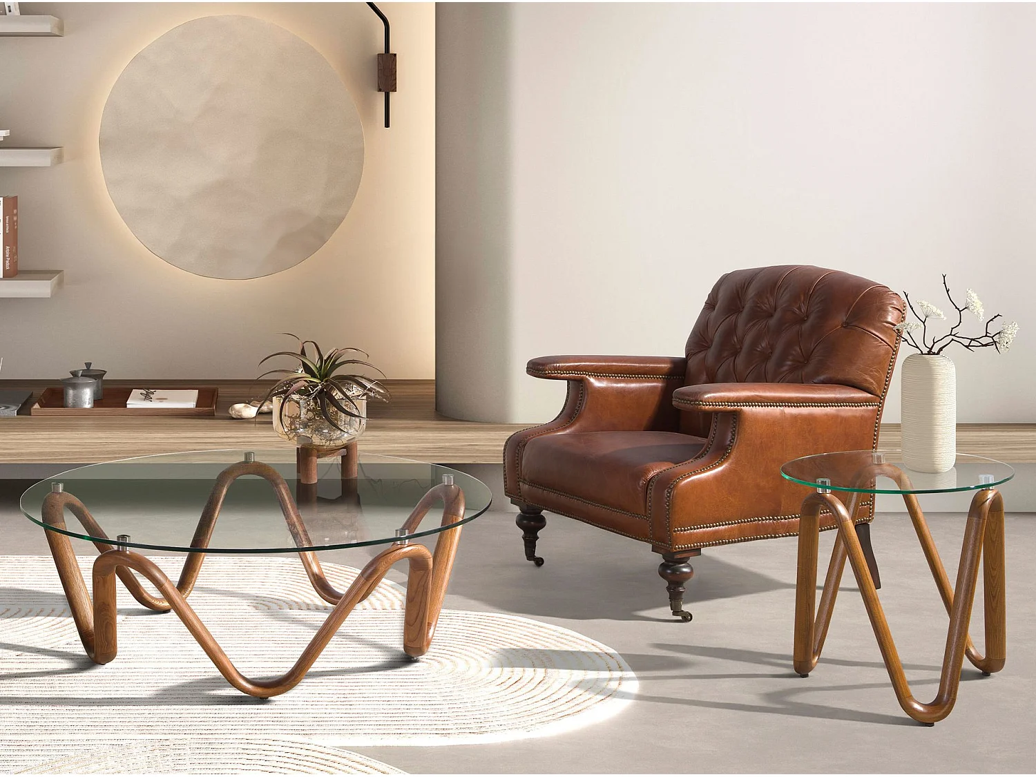 Ronde salontafel van gehard glas en walnoot 2124 ANGEL CERDA