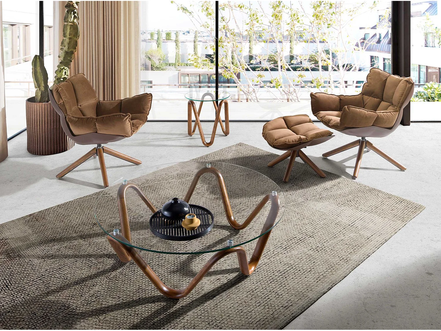 Ronde salontafel van gehard glas en walnoot 2124 ANGEL CERDA