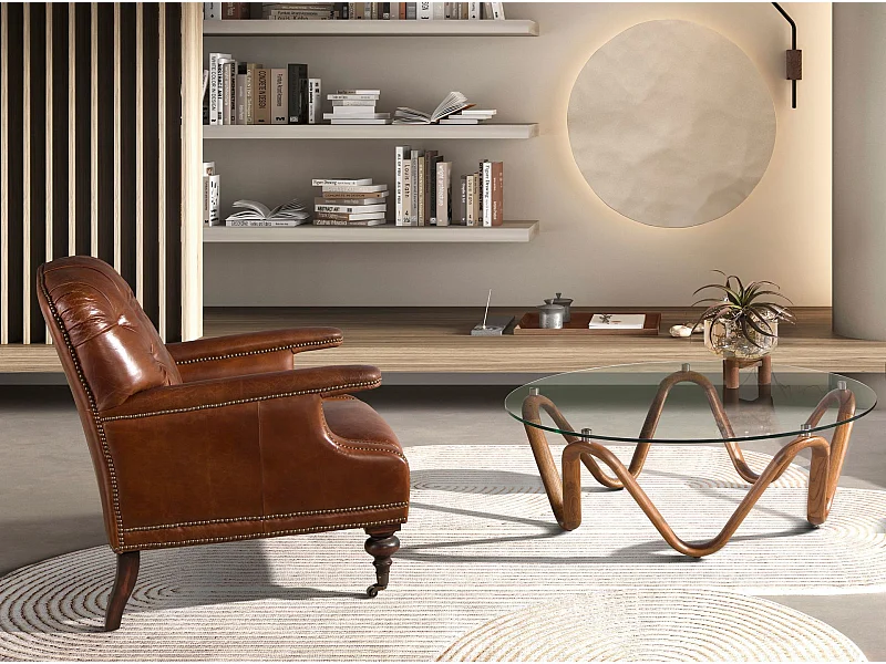 Tavolino rotondo in vetro temperato e noce 2124 ANGEL CERDA