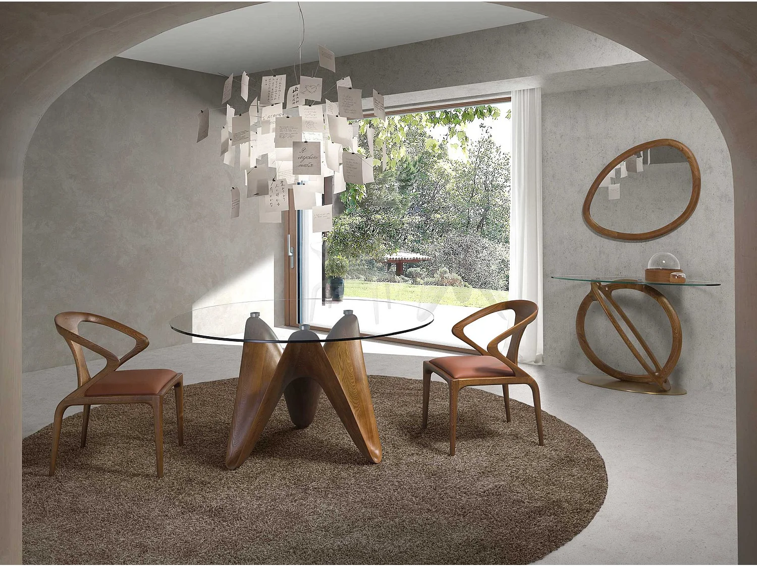 Eettafel rond gehard glas en walnootkleurig hout 1126-Ø130 ANGEL CERDA