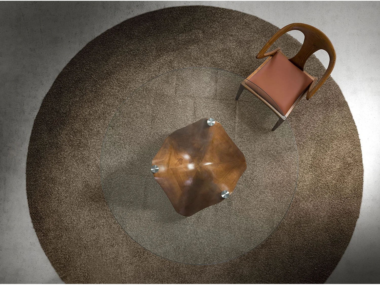 Eettafel rond gehard glas en walnootkleurig hout 1126-Ø130 ANGEL CERDA