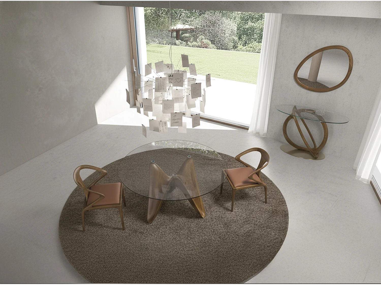 Eettafel rond gehard glas en walnootkleurig hout 1126-Ø130 ANGEL CERDA