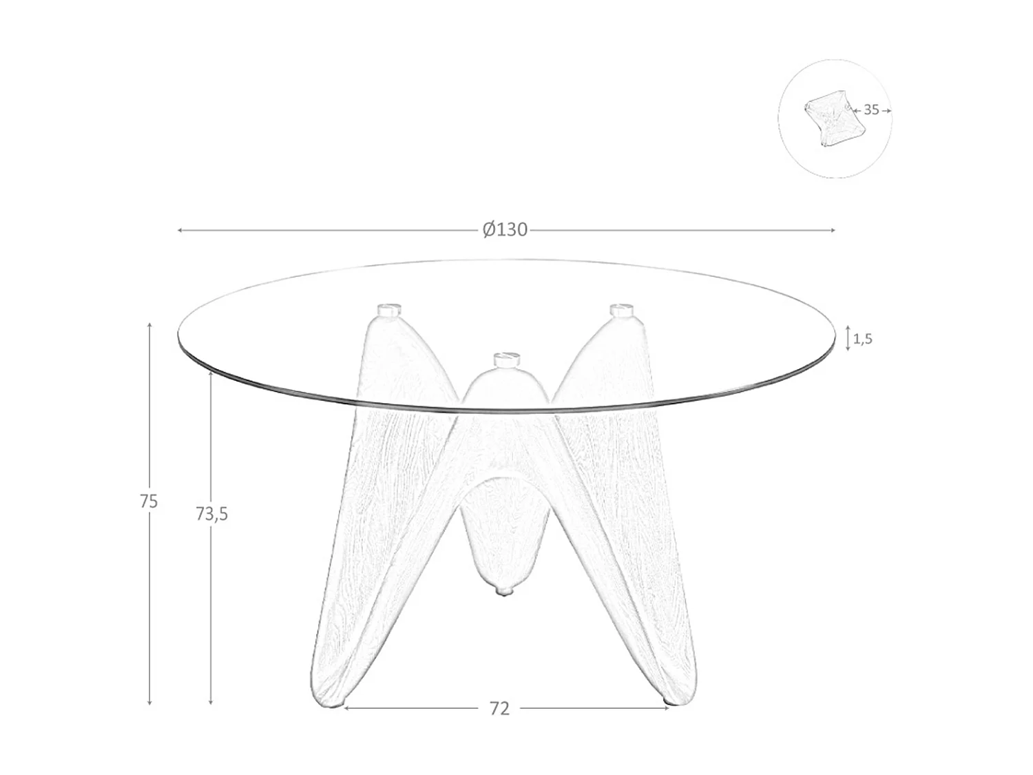 Eettafel rond gehard glas en walnootkleurig hout 1126-Ø130 ANGEL CERDA