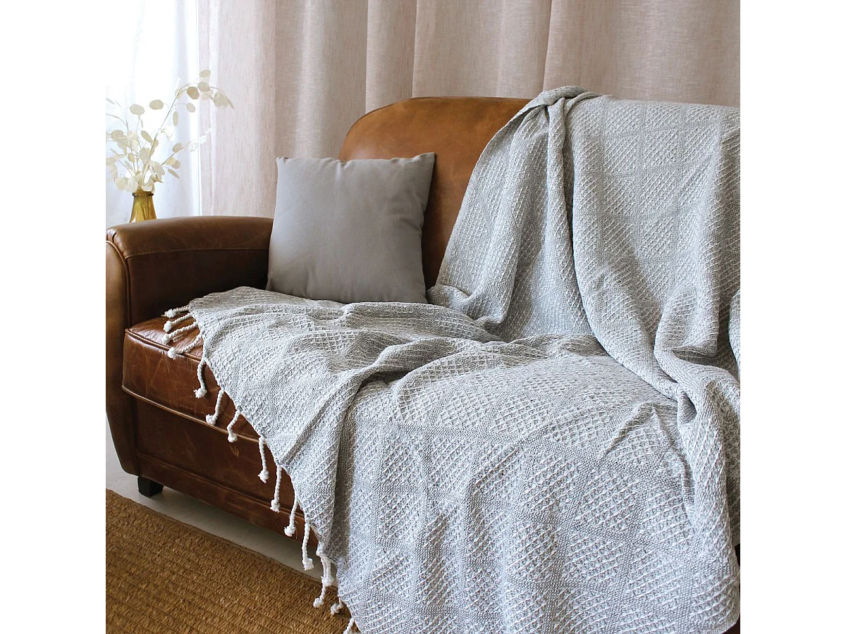 Plaid à Franges en Coton "Dune" 130x160cm Gris Clair