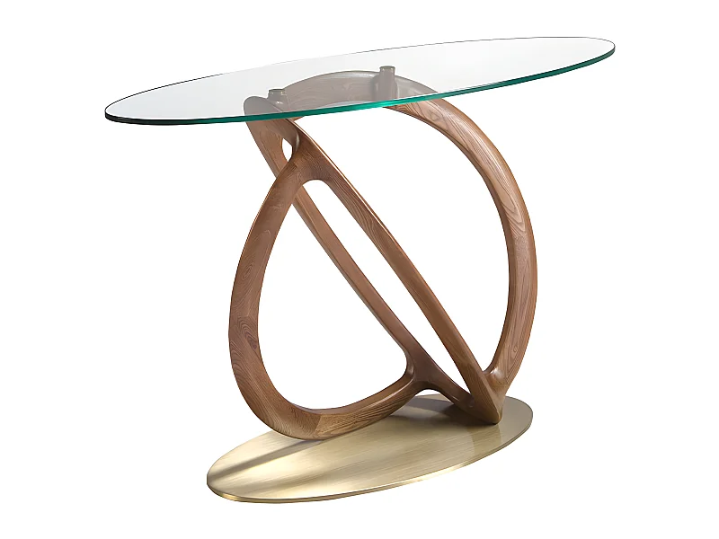 Owalna konsola z hartowanego szkła, orzecha i polerowanej na złoto stali