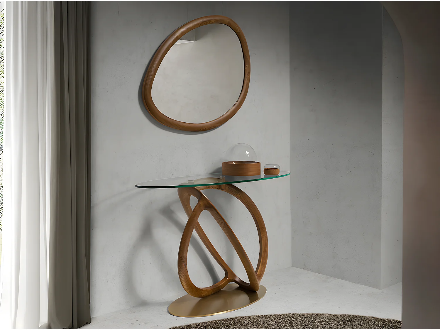 Ovaler Konsolentisch aus gehärtetem Glas und Walnuss  3246 ANGEL CERDA