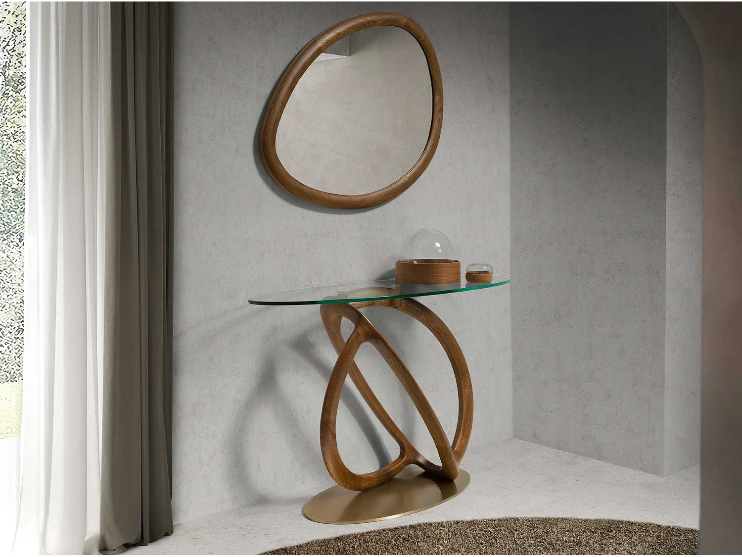 Console ovale verre trempé, noyer et acier poli doré 3246 ANGEL CERDA