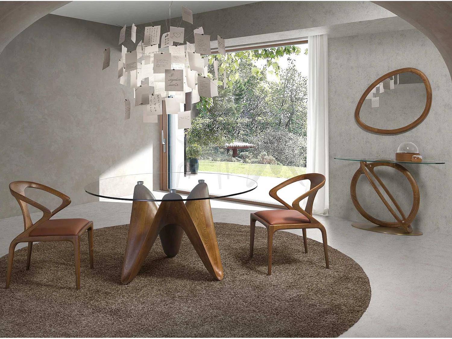 Console ovale verre trempé, noyer et acier poli doré 3246 ANGEL CERDA