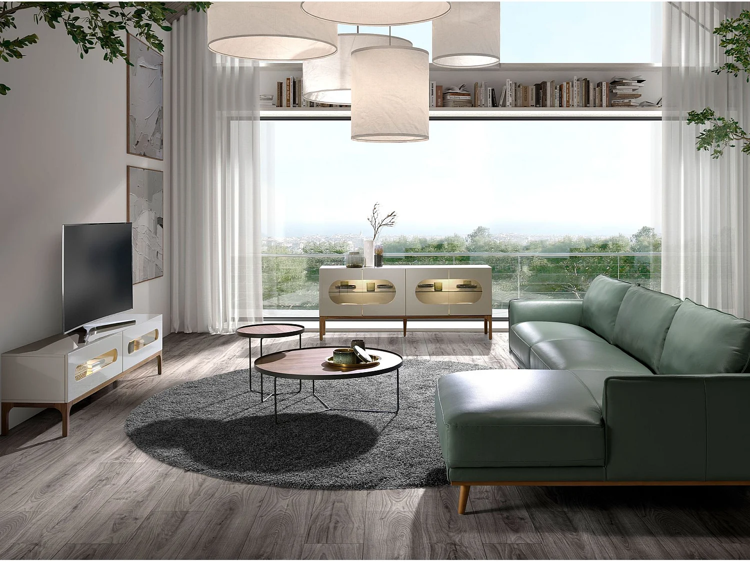 Meuble TV en bois gris et noyer avec éclairage intérieur 3242 ANGEL CERDA