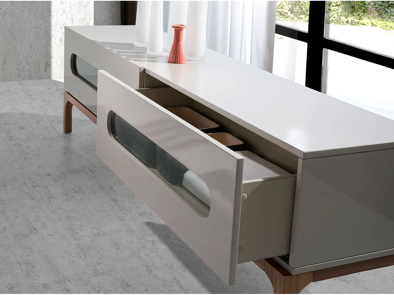 Meuble TV en bois gris et noyer avec éclairage intérieur 3242 ANGEL CERDA