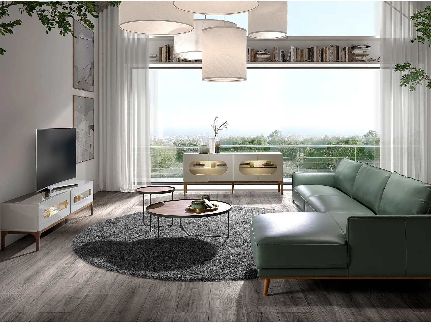 Meuble TV en bois gris et noyer avec éclairage intérieur 3242 ANGEL CERDA