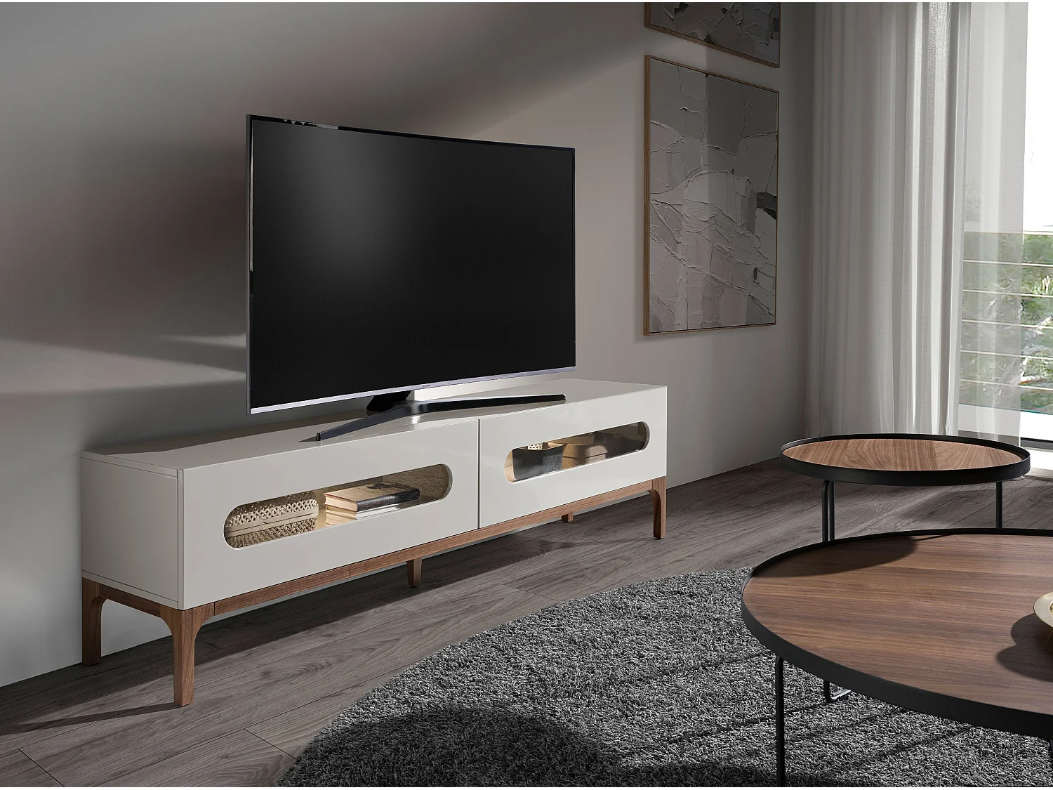 Meuble TV en bois gris et noyer avec éclairage intérieur 3242 ANGEL CERDA