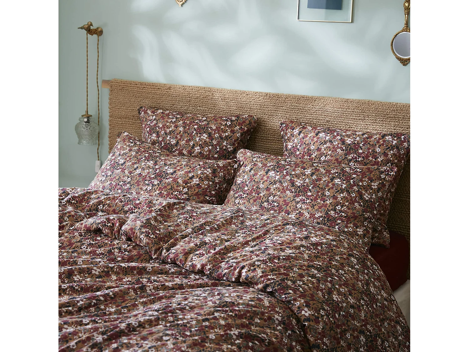 Taie d'oreiller gaze de coton imprimé floral marron 50x70