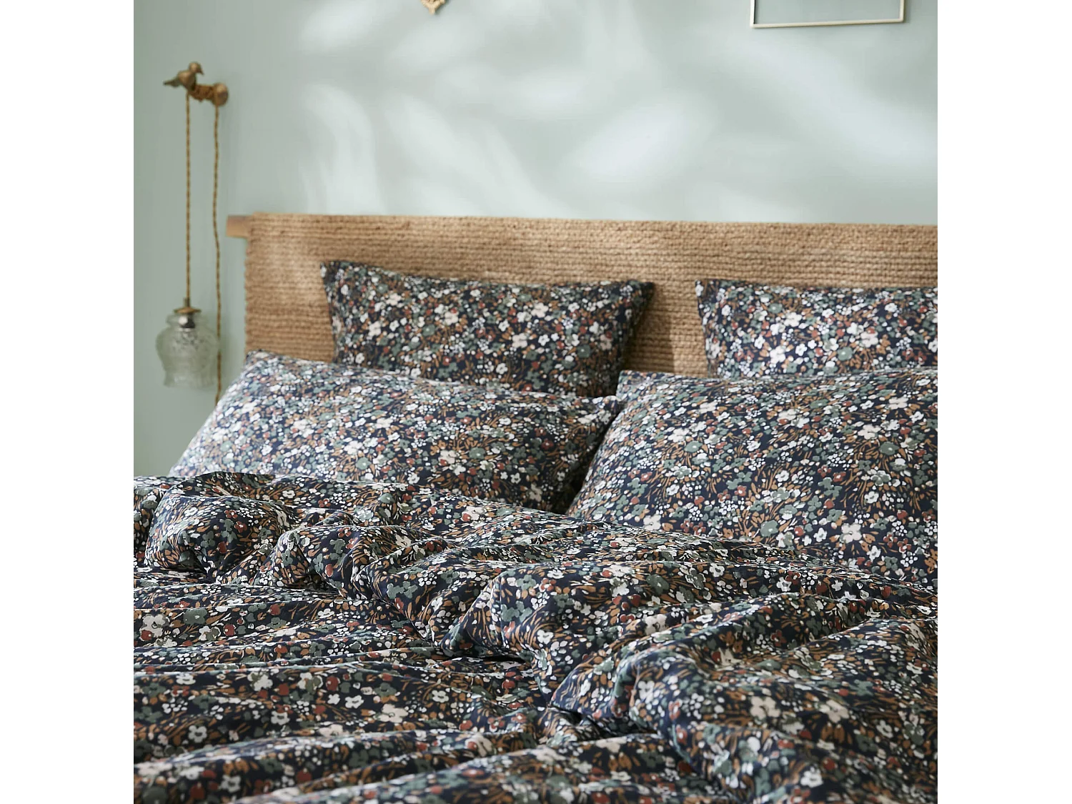 Taie d'oreiller gaze de coton imprimé floral bleu marine 50x70