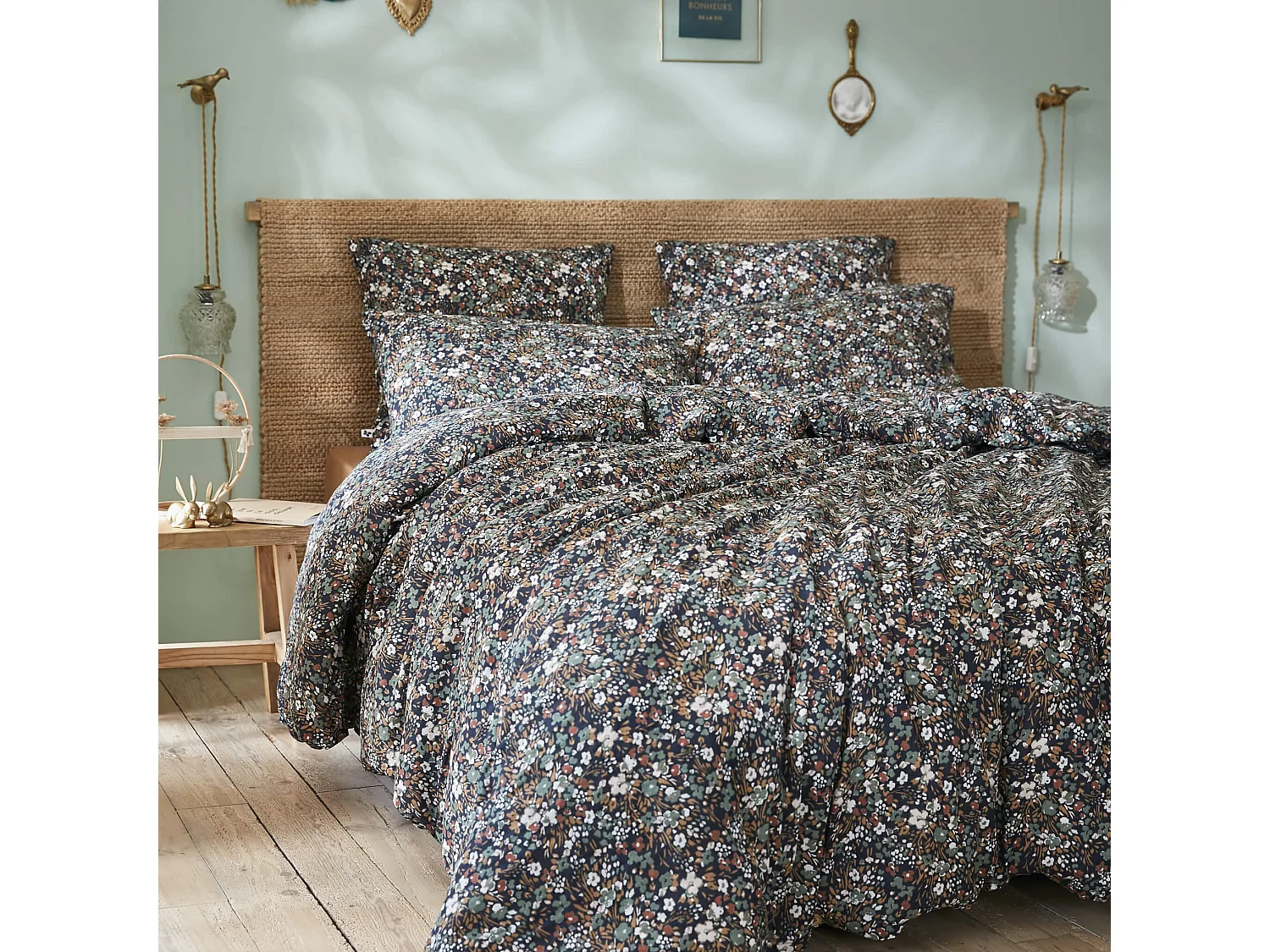 Housse de couette gaze de coton imprimé floral 140x200 bleu marine