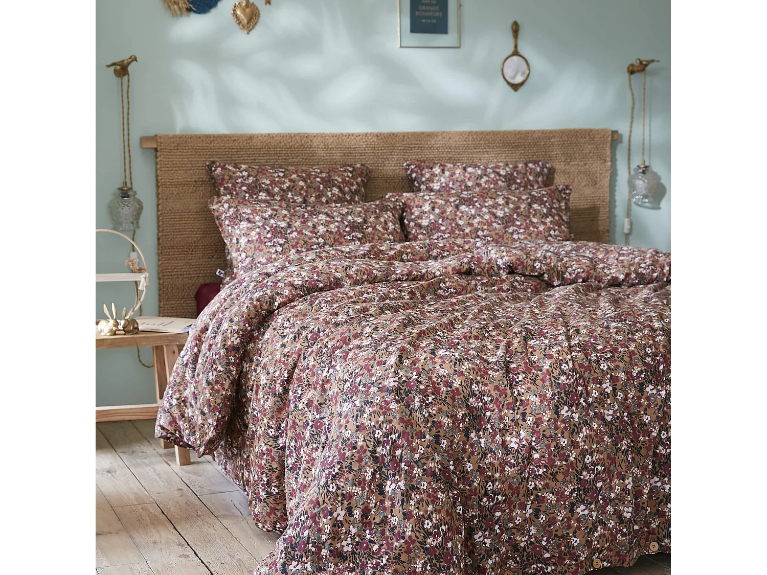 Housse de couette gaze de coton imprimé floral 200x200 marron camel