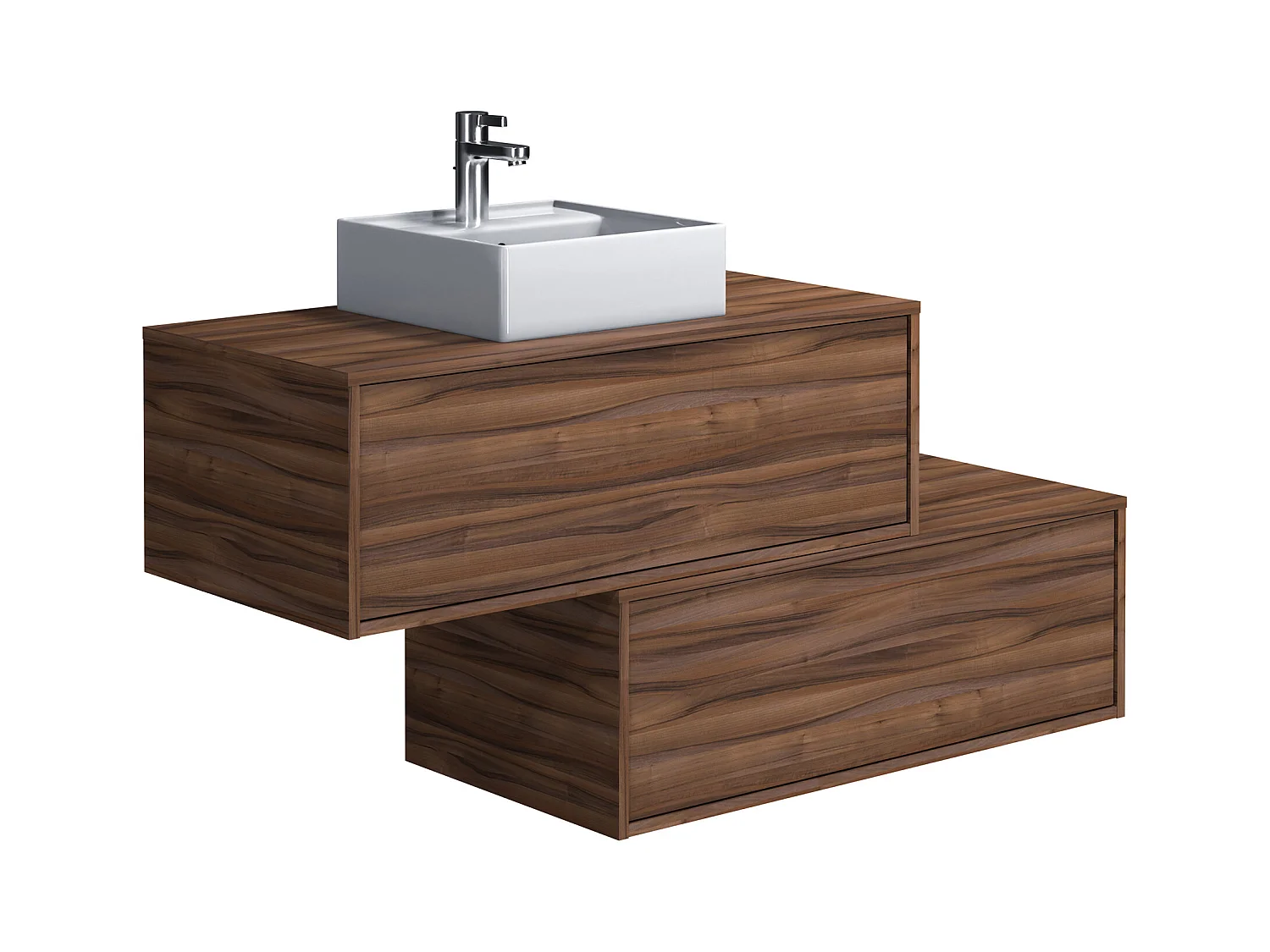 Asymmetrisch donker naturel hangend badkamermeubel met enkele wastafel en twee lades - 94 cm - TEANA II