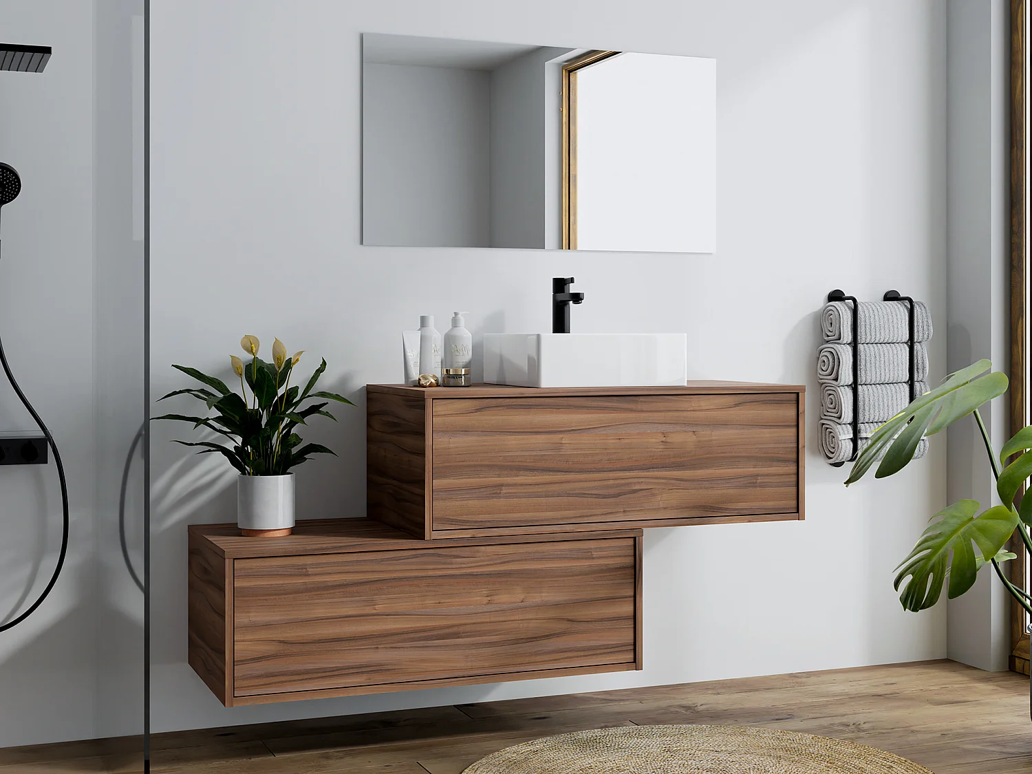 Waschbeckenunterschrank hängend mit Einzelwaschbecken & zwei Schubladen - Naturfarben dunkel - 94 cm - TEANA II