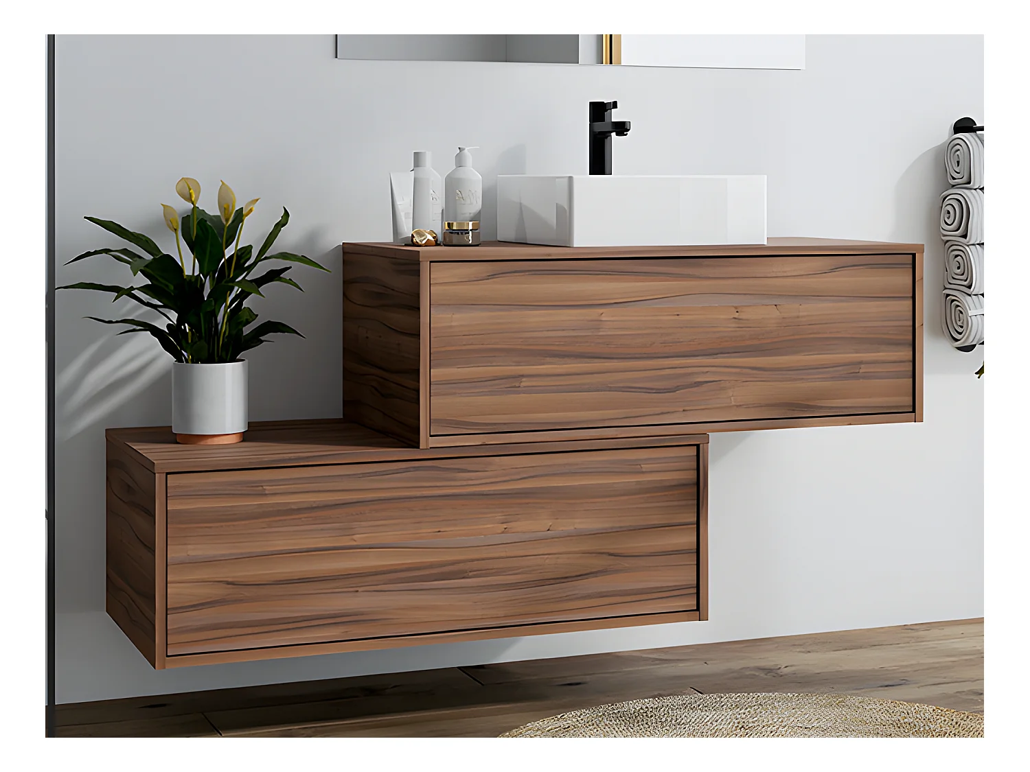 Mobile per bagno sospeso con lavabo quadrato singolo e due cassetti 94 cm Naturale scuro - TEANA II