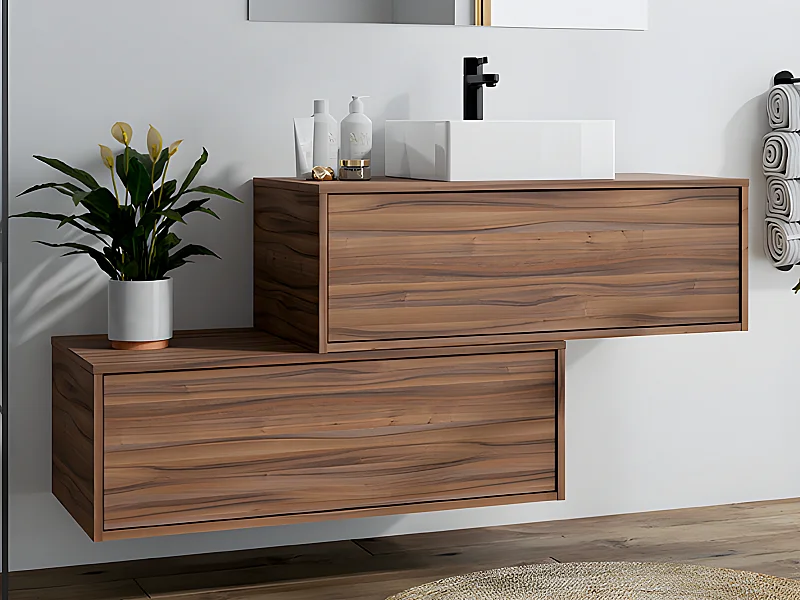 Meuble de salle de bain suspendu naturel foncé avec simple vasque carrée et deux tiroirs - 94 cm - TEANA II