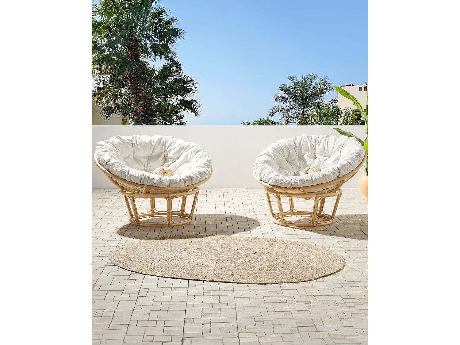 Lot de 2 fauteuils de jardin avec coussins SALVO Rotin Naturel