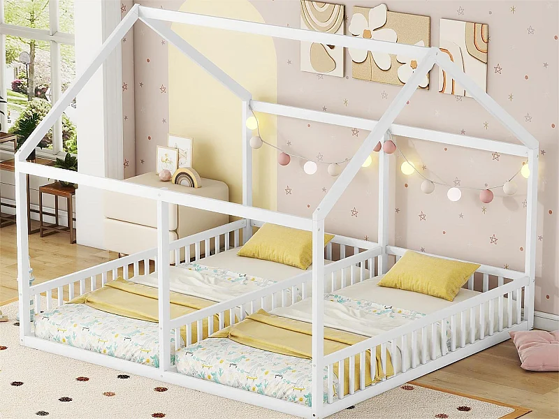 Cama-cabaña de madera de pino 2x90x200cm - con techo y somier - Blanco