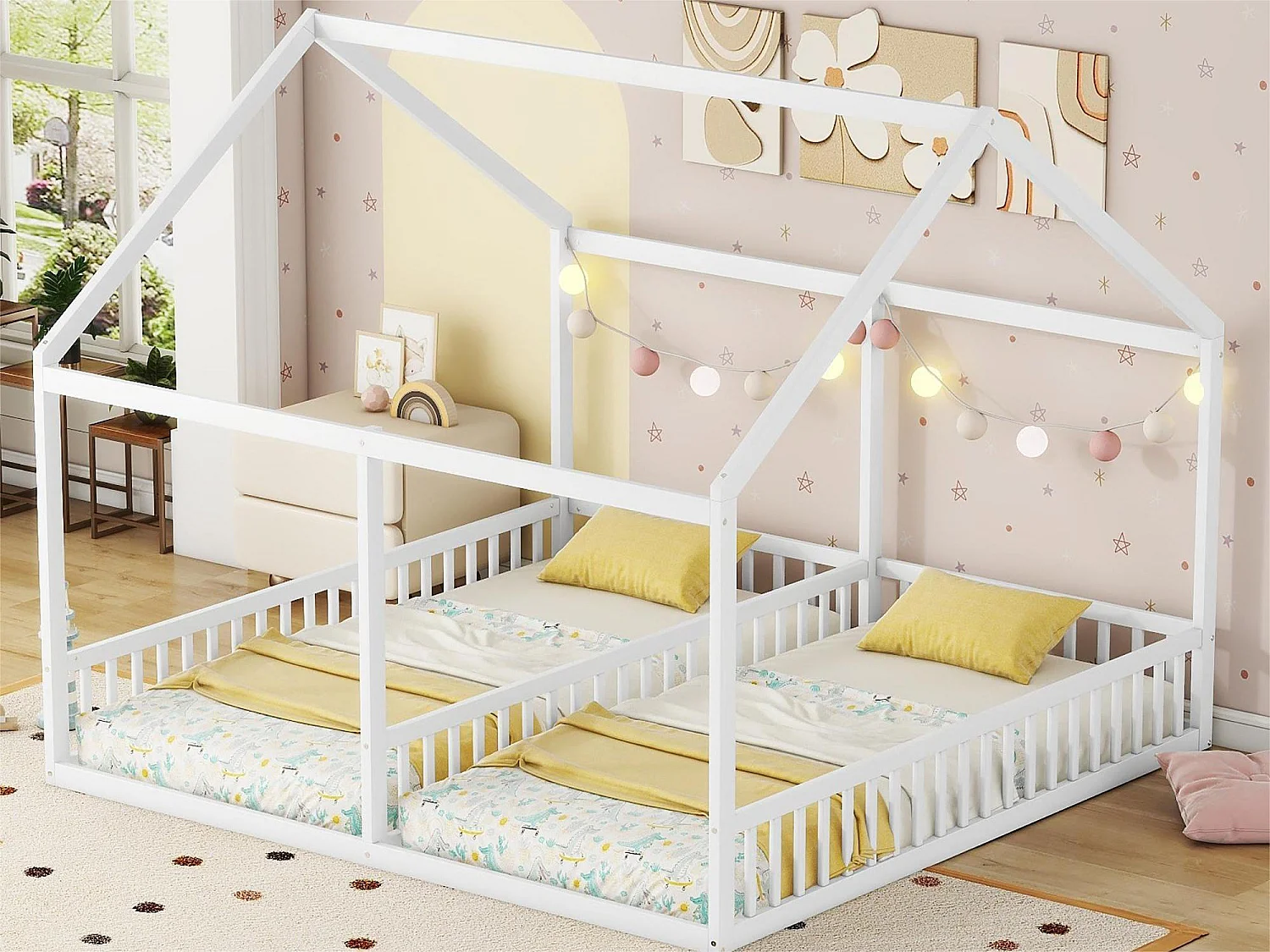 Cama-cabaña de madera de pino 2x90x200cm - con techo y somier - Blanco