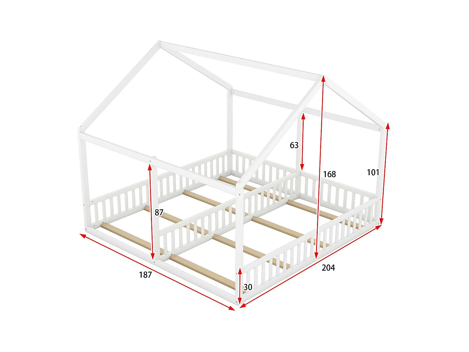 Cama-cabaña de madera de pino 2x90x200cm - con techo y somier - Blanco